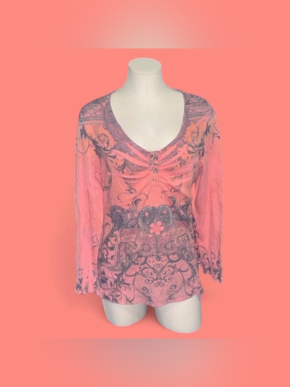 Vintage Suzie Coral Pink Long Sleeve V-Neck Tee with Gray Scroll Print